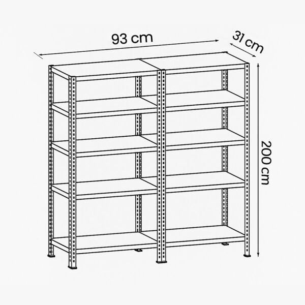İkili Civatalı Çelik Raf Ünitesi 31x93xH200 cm – 5 Katlı