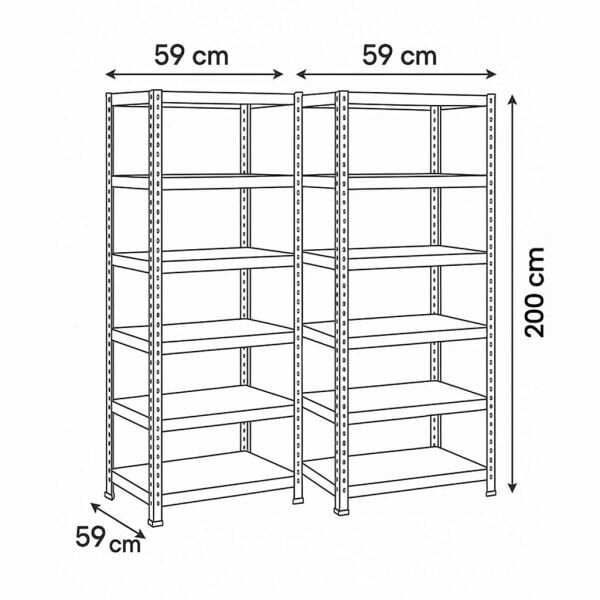 Civatalı Hafif Yük Rafı 59×59×200 cm (2 Üniteli – 10 Raflı)