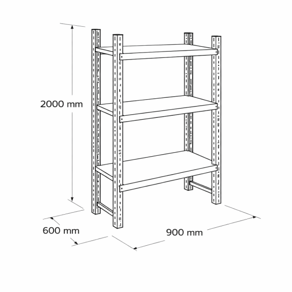 Hafif yük metal raf 3 katlı 90x60x200 cm teknik çizim ve ölçüleri