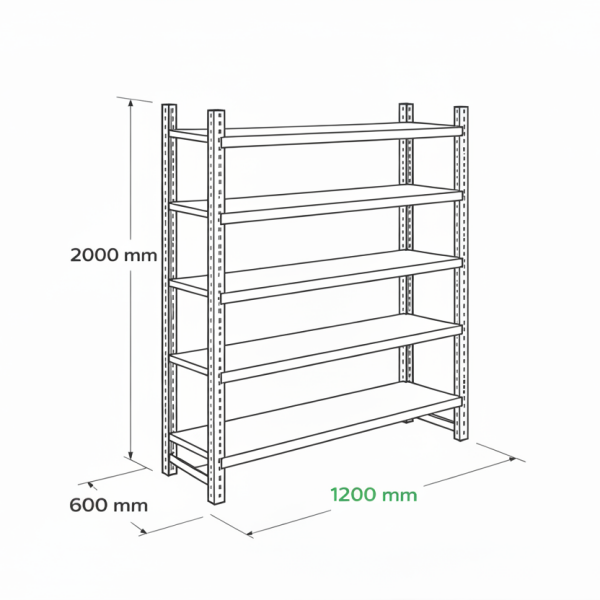 Hafif yük metal raf 5 katlı 120x60x200 cm teknik çizim ve ölçüleri