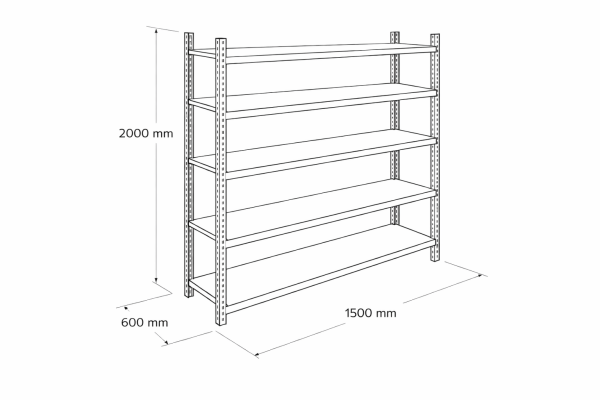 Hafif yük metal raf 5 katlı 150x60x200 cm teknik çizim ve ölçüleri