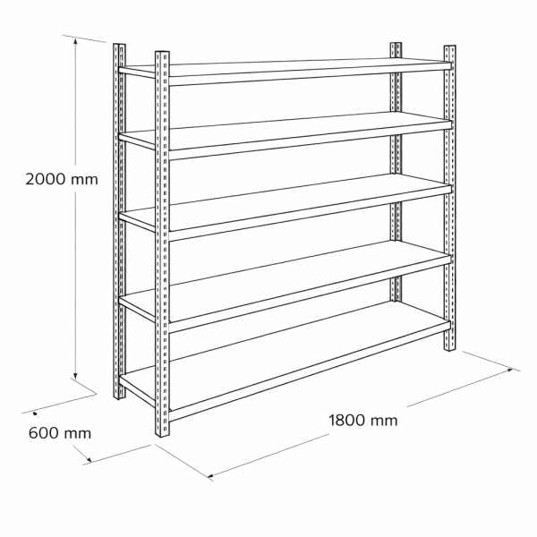 Hafif yük metal raf 5 katlı 180x60x200 cm teknik çizim ve ölçüleri
