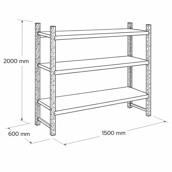 Hafif yük metal raf 3 katlı 150x60x200 cm teknik çizim ve ölçüleri
