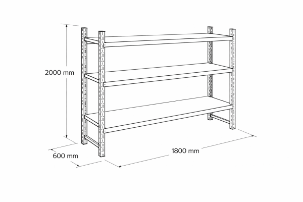 Hafif yük metal raf 3 katlı 180x60x200 cm teknik çizim ve ölçüleri