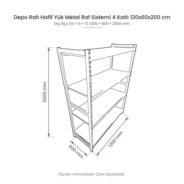 Depo Rafı Hafif Yük Metal Raf Sistemi 4 Katlı 120x60x200 cm ölçülü teknik çizim
