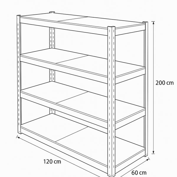 Hafif Yük Metal Raf Sistemi 120x60x200 cm 4 Katlı