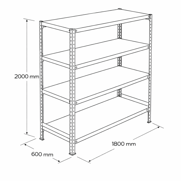 Hafif yük metal raf 4 katlı 180x60x200 cm teknik çizim ve ölçüleri