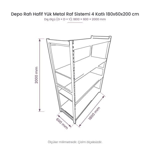 Depo Rafı Hafif Yük Metal Raf Sistemi 4 Katlı 180x60x200 cm ölçülü teknik çizim