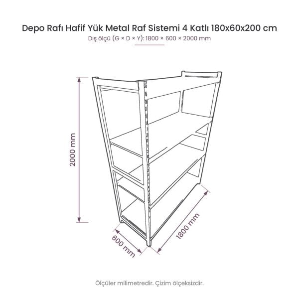 Depo Rafı Hafif Yük Metal Raf Sistemi 4 Katlı 180x60x200 cm ölçülü teknik çizim