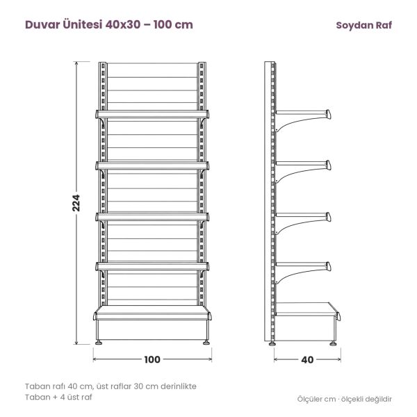 100 cm duvar ünitesi 40x30 raf parçalarının teknik tel çizimi
