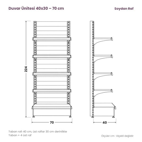 70 cm duvar ünitesi 40x30 raf parçalarının teknik tel çizimi
