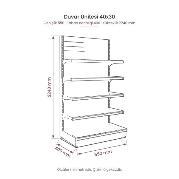 55 cm duvar ünitesi 40x30 raf sistemi teknik tel çizimi