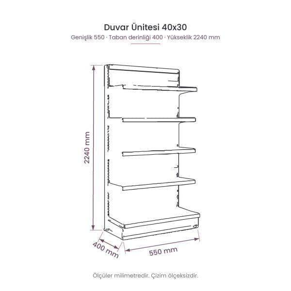 55 cm duvar ünitesi 40x30 raf sistemi teknik tel çizimi