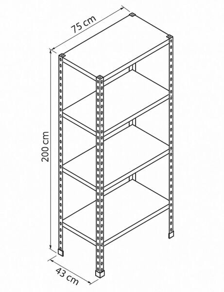Depo Rafı Cıvatalı Çelik Raf Sistemi 4 Katlı 43x75x200 cm