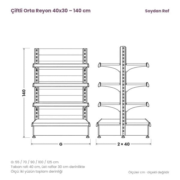 Çiftli orta reyon 40x30 140 cm teknik tel çizimi