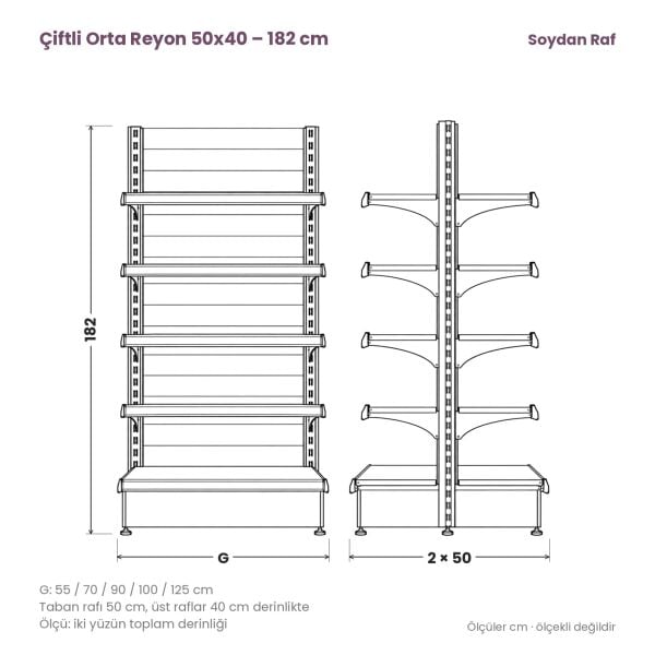 Çiftli orta reyon 50x40 182 cm teknik tel çizimi