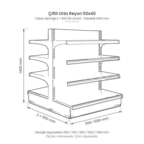 Çiftli orta reyon 50x40 140 cm teknik tel çizimi