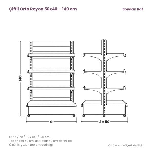 Çiftli orta reyon 50x40 140 cm teknik tel çizimi