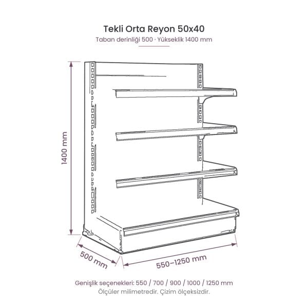 Tekli orta reyon 50x40 140 cm teknik tel çizimi