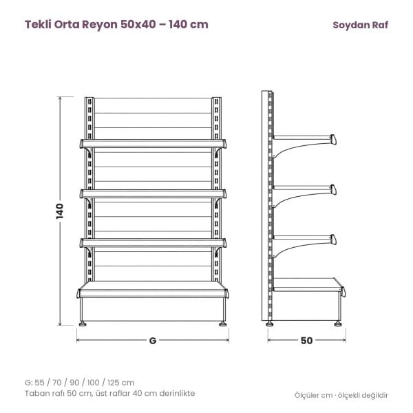 Tekli orta reyon 50x40 140 cm teknik tel çizimi