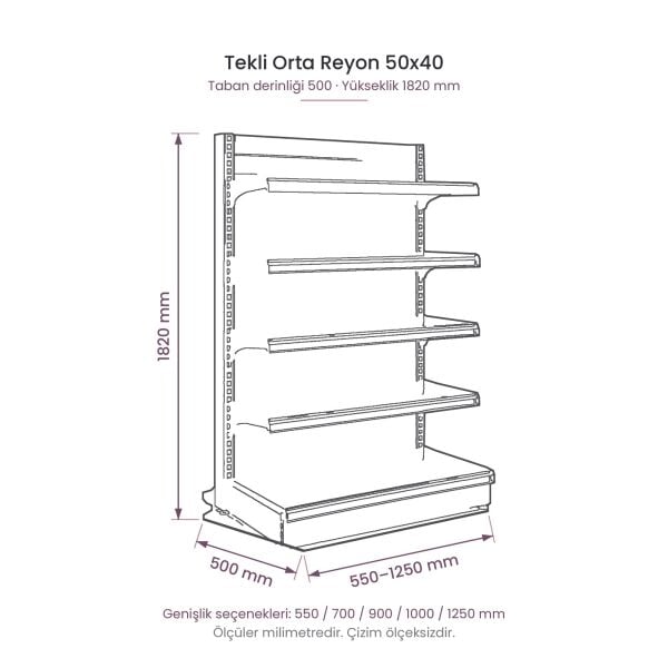 Tekli orta reyon 50x40 182 cm teknik tel çizimi