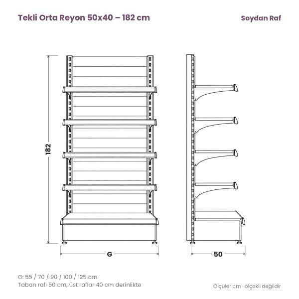 Tekli orta reyon 50x40 182 cm teknik tel çizimi