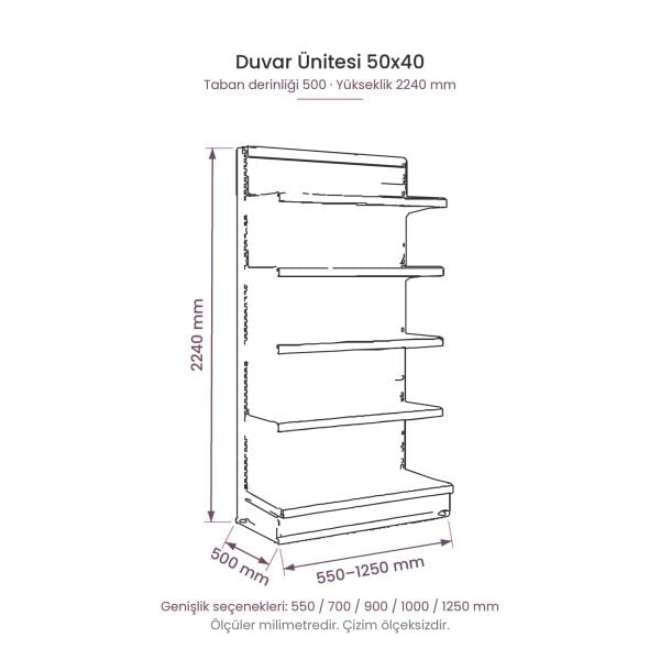 50x40 duvar ünitesi 224 cm teknik tel çizimi