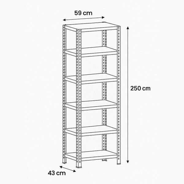 Geschraubtes Stahlregal 43×59×250 cm (5 Ebenen)