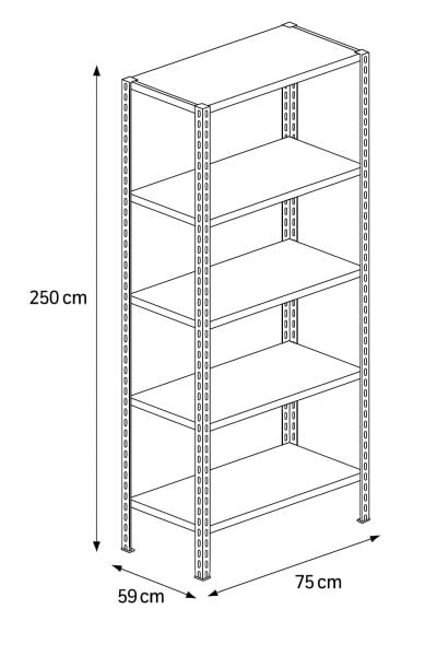 Depo Rafı Cıvatalı Çelik Raf Sistemi 5 Katlı 59x75x250 cm