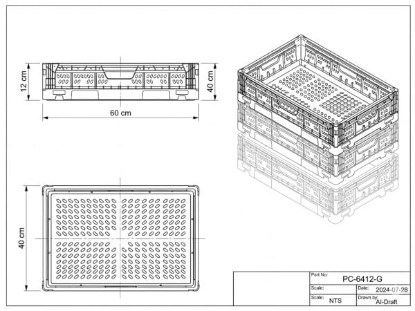 60x40x12 cm Katlanır Plastik Kasa - Delikli