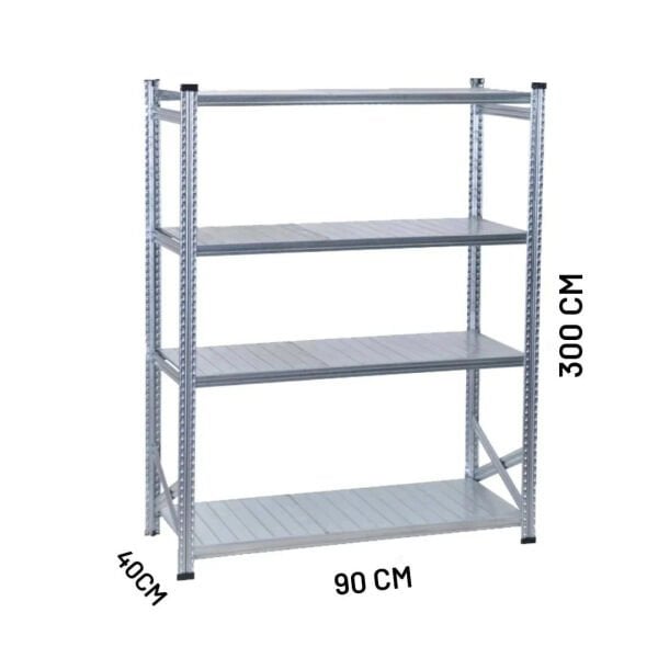Depo Rafı Galvanizli Raf Sistemi 4 Katlı 40x300 cm
