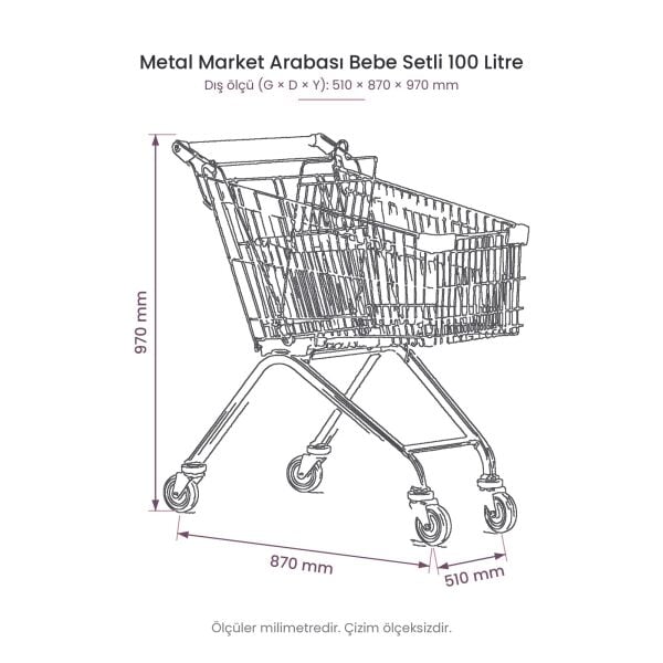 Metal Market Arabası Bebe Setli 100 Litre ölçülü teknik çizim