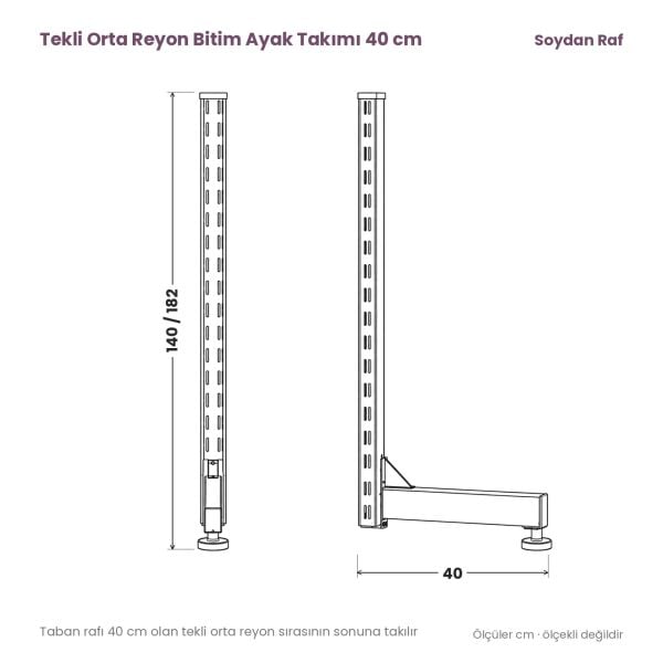 Tekli orta reyon bitim ayak takımı 40 cm teknik tel çizimi