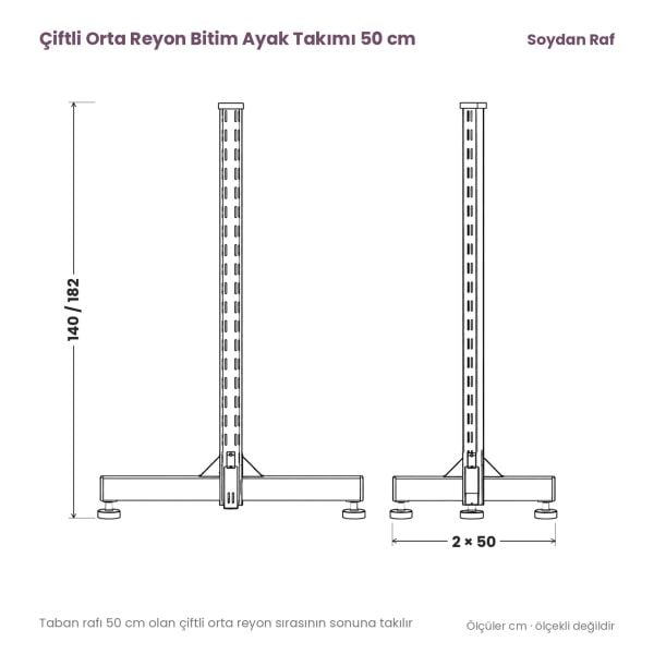 50 cm çiftli orta reyon bitim ayak takımının teknik tel çizimi