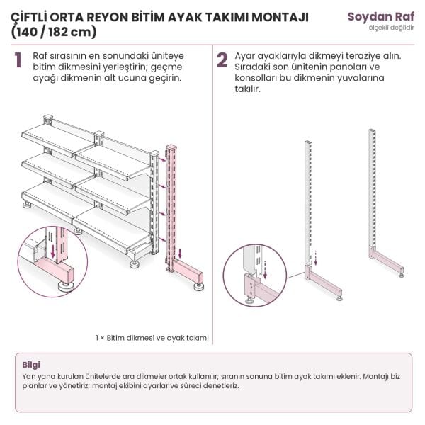 50 cm çiftli orta reyon bitim ayak takımı montaj şeması