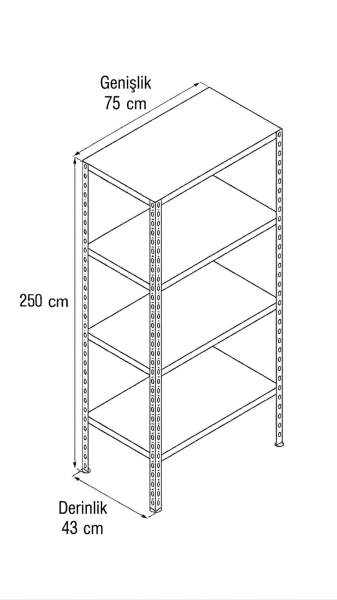 Depo Rafı Cıvatalı Çelik Raf Sistemi 4 Katlı 43x75x250 cm