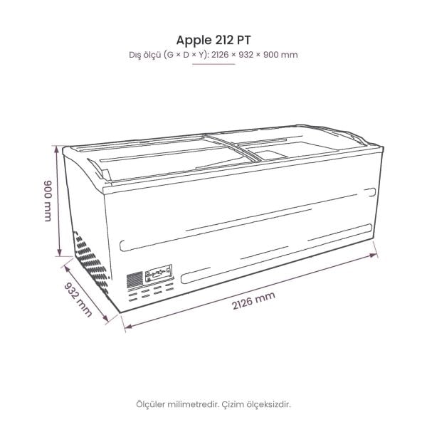 Apple 212 PT Pozitif Mod Yatay Soğutucu Dolap teknik çizim