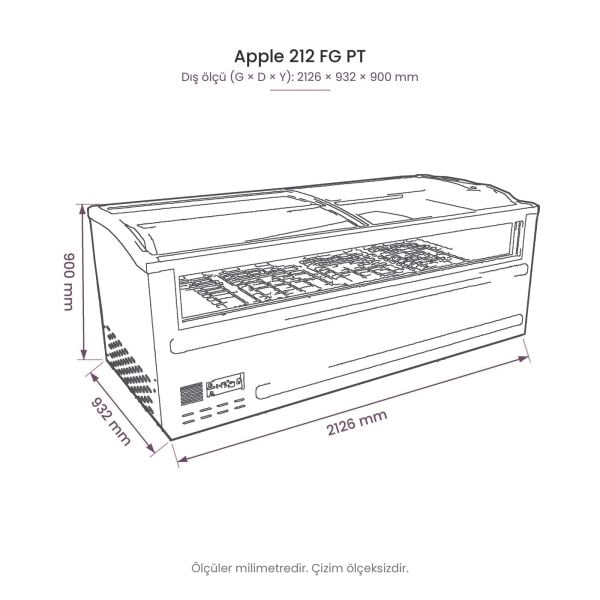 Apple 212 FG PT Pozitif Mod Yatay Soğutucu Dolap teknik çizim