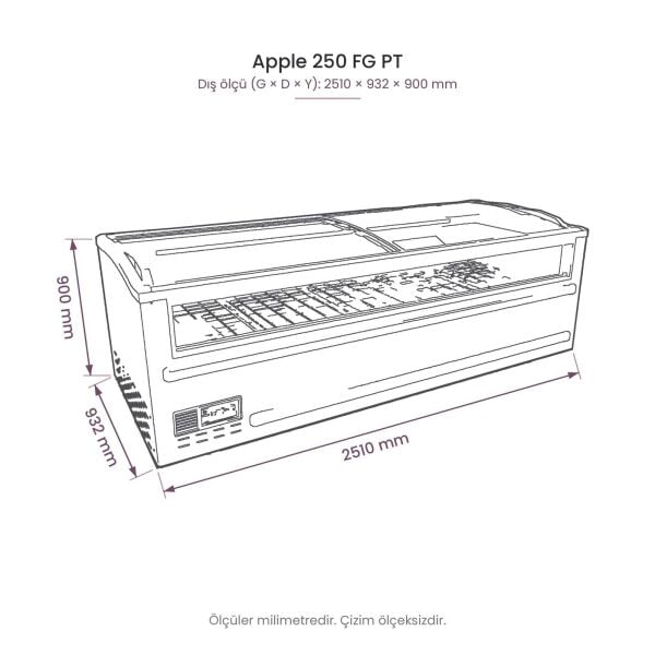 Apple 250 FG PT Pozitif Mod Yatay Soğutucu Dolap teknik çizim