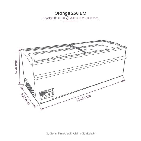 Orange 250 DM Çift Mod Yatay Soğutucu Dolap teknik çizim