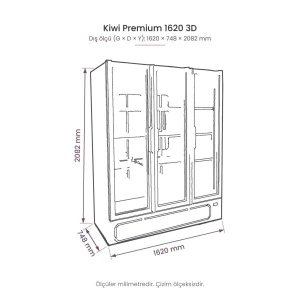 Kiwi Premium 1620 3D Üç Kapılı Şişe Soğutucu Dolap teknik çizim