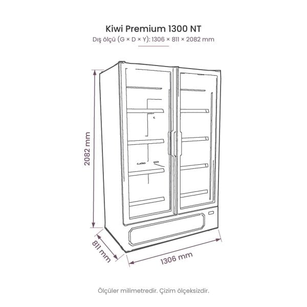 Kiwi Premium 1300 NT İki Kapılı Cam Kapılı Negatif Dikey Dolap teknik çizim