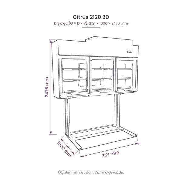 Citrus 2120 3D Üç Kapılı Ayaklı Üst Dondurucu Dolap teknik çizim