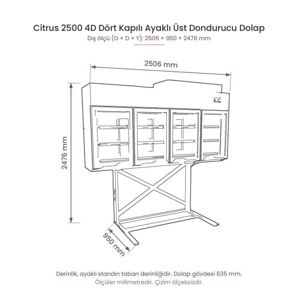 Citrus 2500 4D Dört Kapılı Ayaklı Üst Dondurucu Dolap teknik çizim