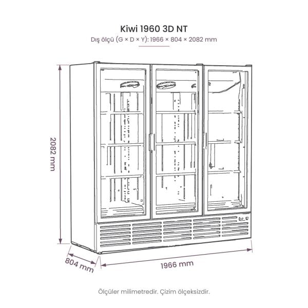Kiwi 1960 3D NT Üç Kapılı Cam Kapılı Negatif Dikey Dolap teknik çizim