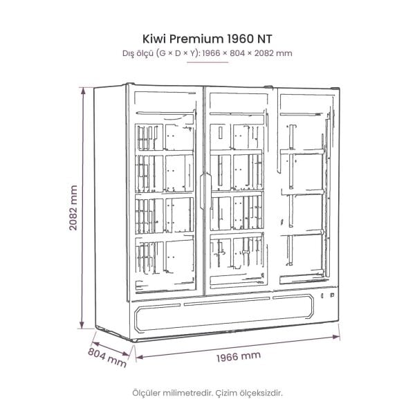 Kiwi Premium 1960 NT Cam Kapılı Negatif Dikey Dolap teknik çizim