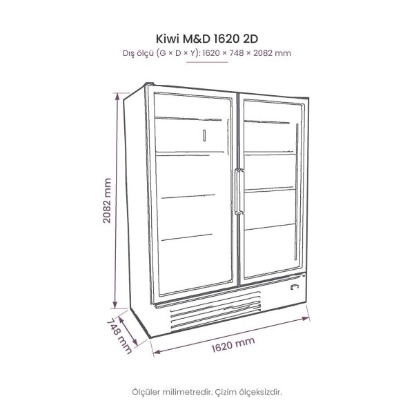 Kiwi M&D 1620 2D İki Kapılı Cam Kapılı Dikey Soğutucu Dolap teknik çizim