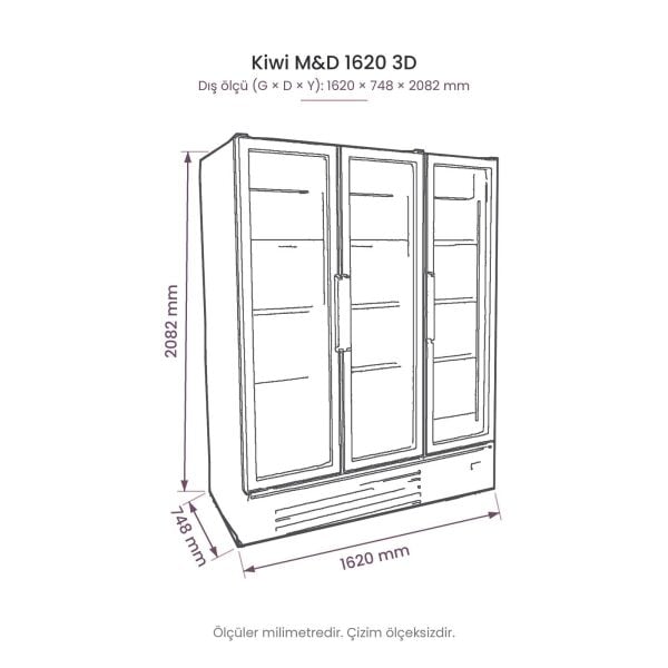 Kiwi M&D 1620 3D Üç Kapılı Cam Kapılı Dikey Soğutucu Dolap teknik çizim