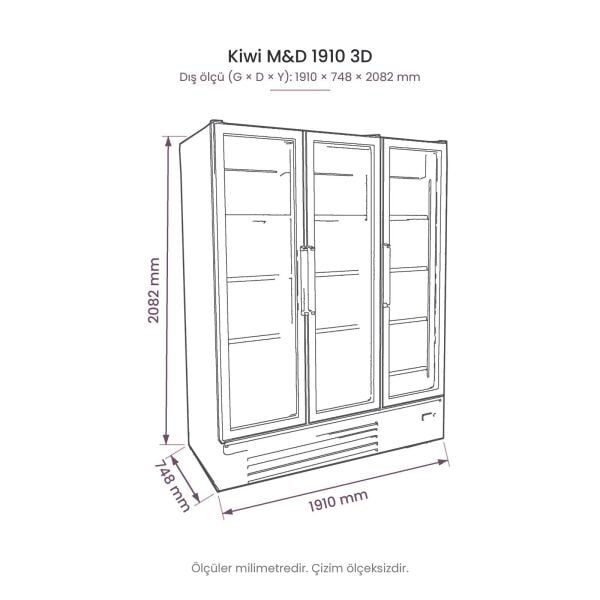 Kiwi M&D 1910 3D Üç Kapılı Cam Kapılı Dikey Soğutucu Dolap teknik çizim