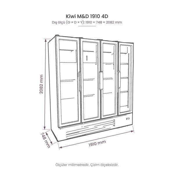Kiwi M&D 1910 4D Dört Kapılı Cam Kapılı Dikey Soğutucu Dolap teknik çizim